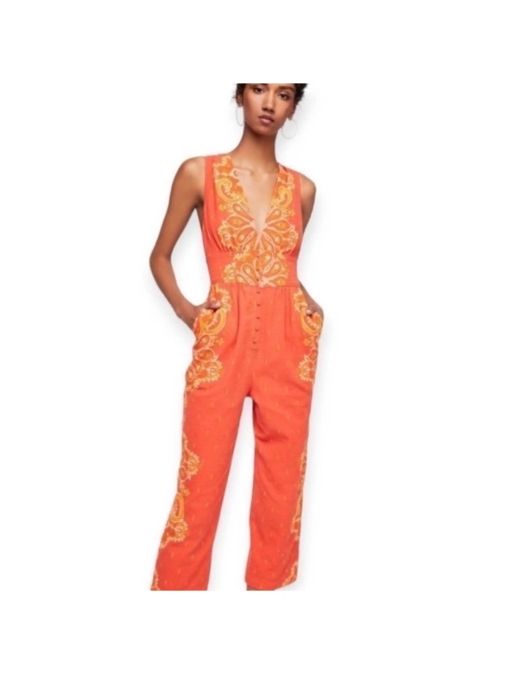 Free People Small Orange Paisley Open Back Wide Leg Boho Jumpsuit Pockets - Picture 2 of 8